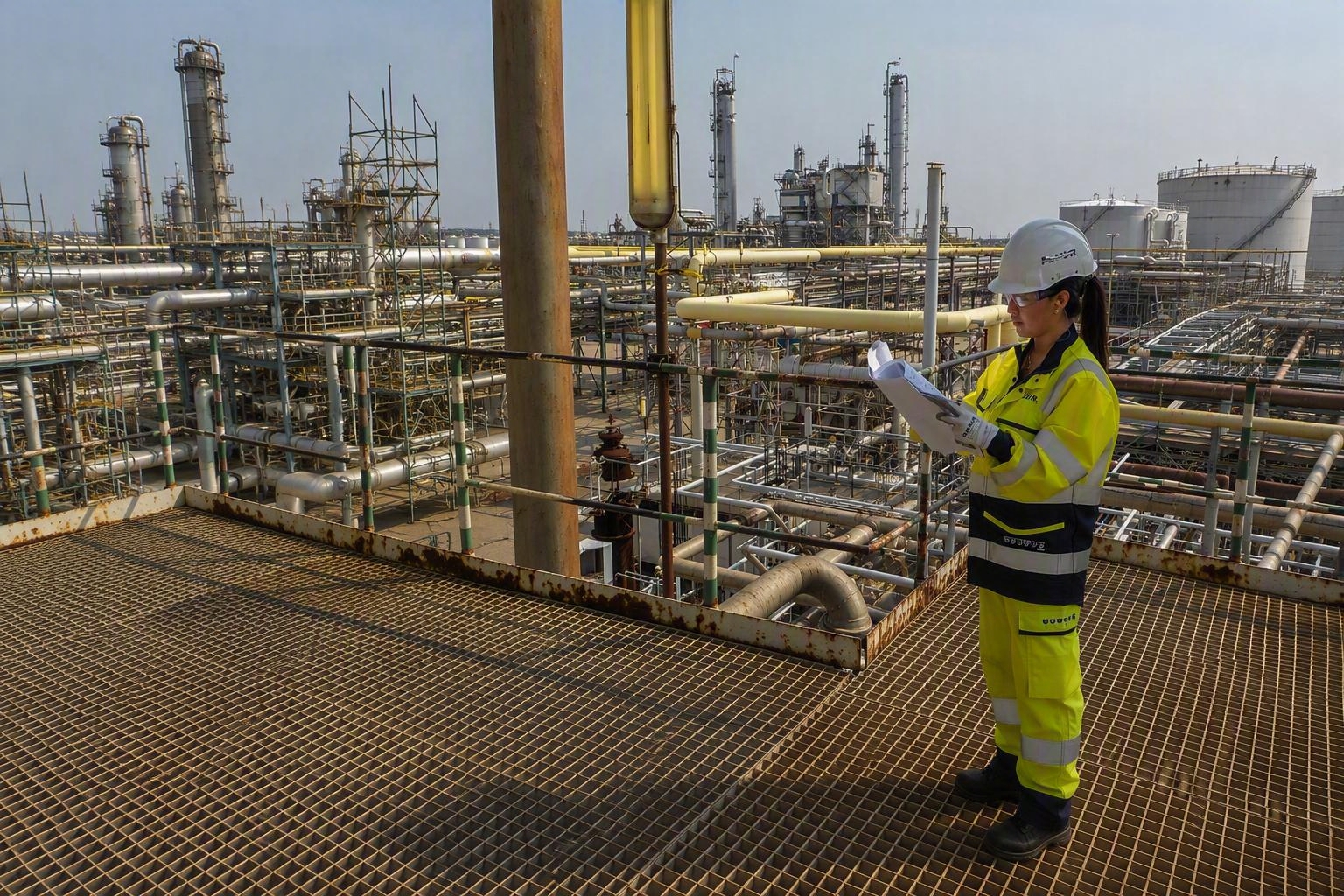 Industrial inspection within a large oil and gas refinery featuring petrochemical processing units, pipeline infrastructure, plant engineering systems, and operational safety procedures.